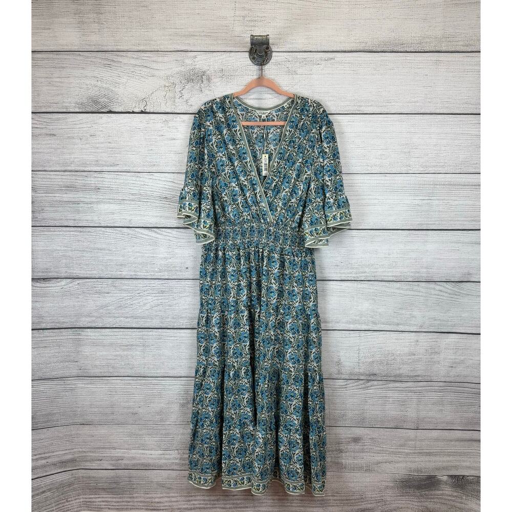 Max Studio Plus Size Blue Green Floral V-Neck Waisted Tiered Midi Dress Size 3X